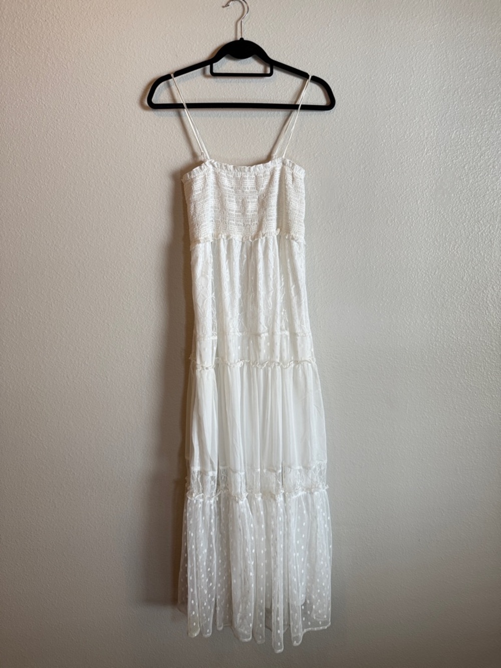 Cecico Medium White Tiered Midi Dress Cottagecore Bridal Swiss Dot Smocked Boho